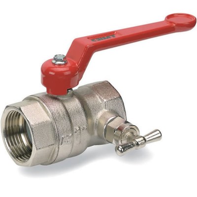Full Bore Ball Valve for Heating, 491 E FF - Female Ends with red Aluminium Handle, with Drain with T-Handle